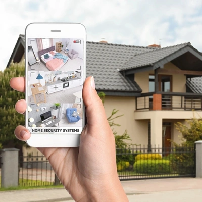 Fort Collins vivint phone display of cctv live feed in front of a house